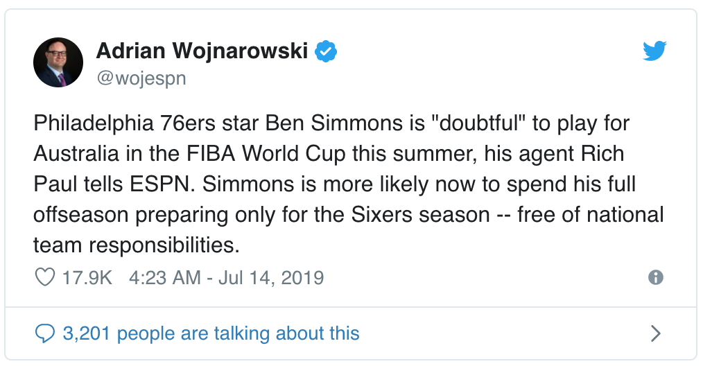 Khoe áo tuyển Úc cách đây không lâu, nhưng Ben Simmons lại gây bất ngờ với quyết định dự FIBA World Cup 2019